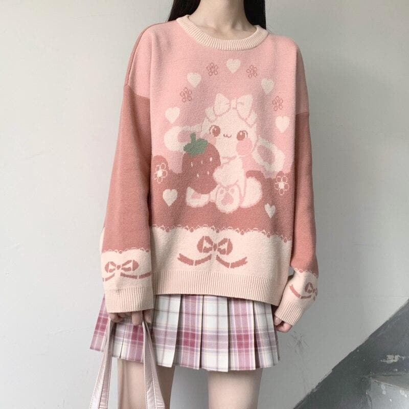 Knit Sweater With Strawberry Bunny Print - Asian Fashion Lianox
