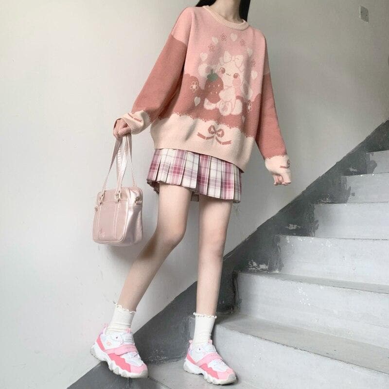 Knit Sweater With Strawberry Bunny Print - Asian Fashion Lianox