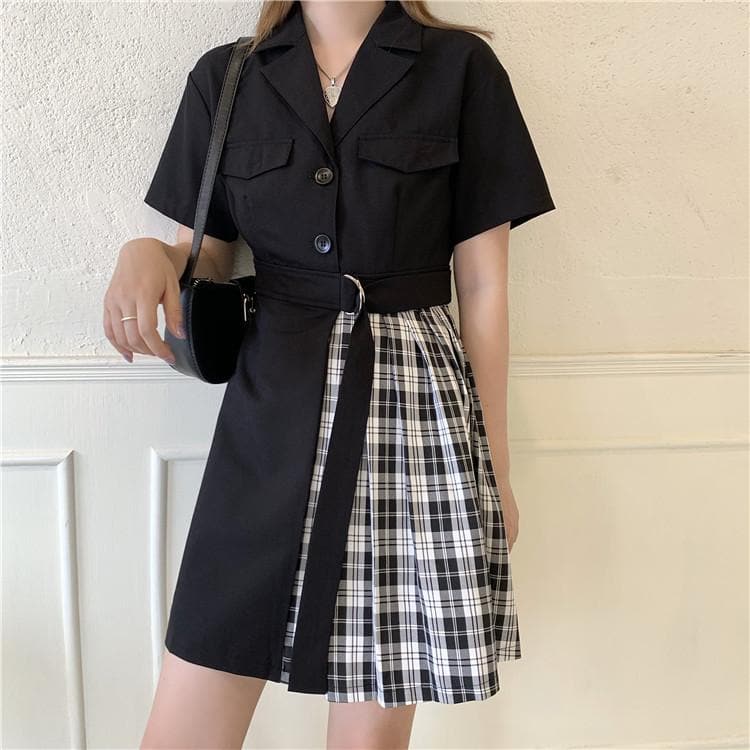 Collared Dress with Plaid Patchwork Skirt - Asian Fashion Lianox