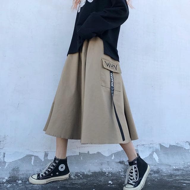 Midi Skirt With High Waist And Side Pocket - Asian Fashion Lianox