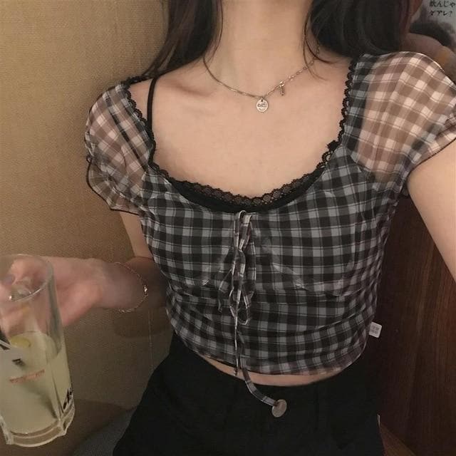 See-Through Crop Top With Puff Sleeves
