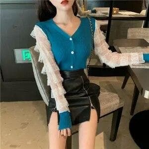 Slim-Fit Cardigan with Ruffled Lace Sleeves - Asian Fashion Lianox