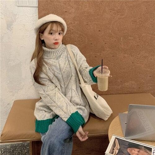 Thick Knit Turtleneck Sweater - Asian Fashion Lianox