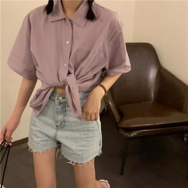 Button-Down Shirt With Short Sleeves - Asian Fashion Lianox