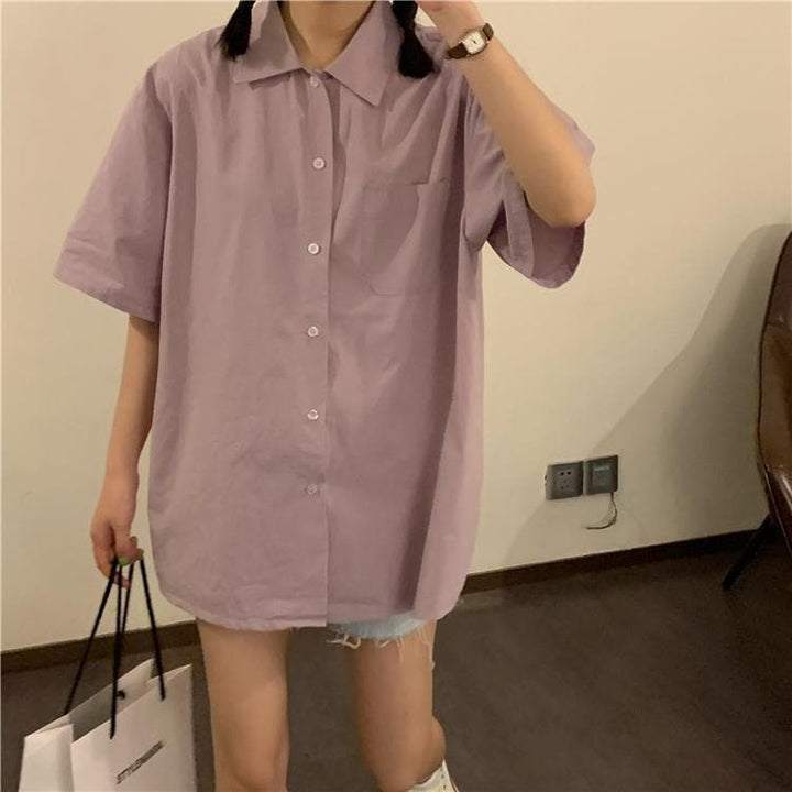 Button-Down Shirt With Short Sleeves - Asian Fashion Lianox