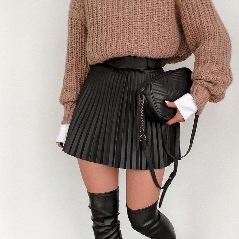 Pleated Faux Leather Skirt - Asian Fashion Lianox