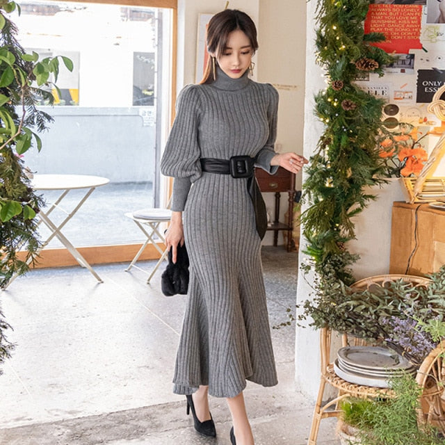 Knitted Midi Dress With Lantern Sleeves