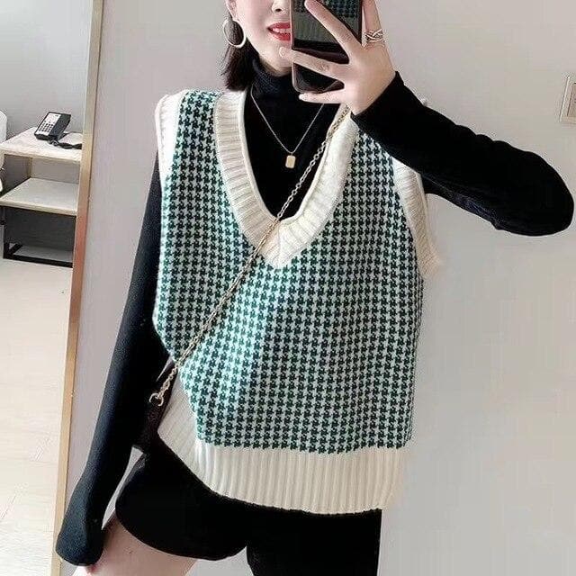 Plaid V-Neck Knit Vest - Asian Fashion Lianox