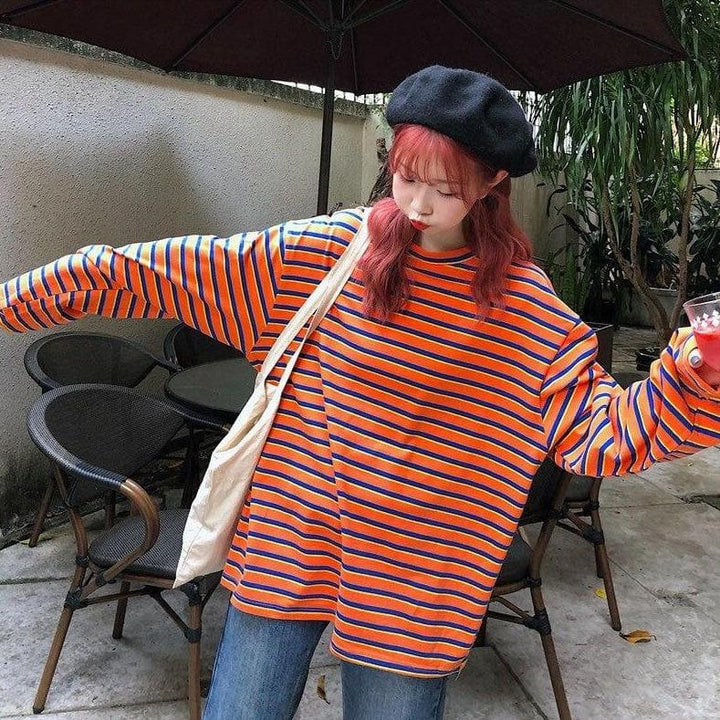 Striped O-Neck Longsleeve Shirt - Asian Fashion Lianox