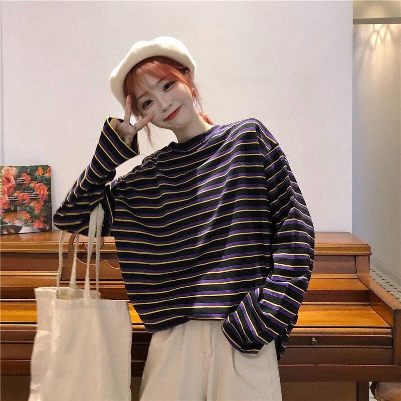 Striped O-Neck Longsleeve Shirt - Asian Fashion Lianox
