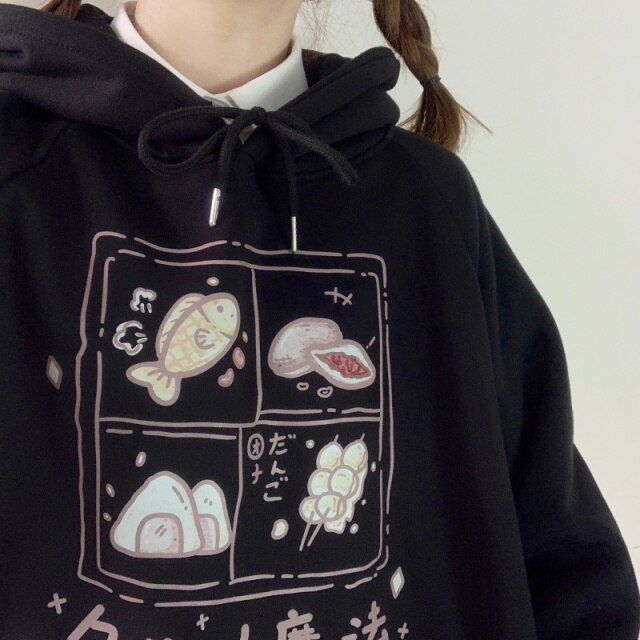 Hoodie With Food Print And Japanese Lettering