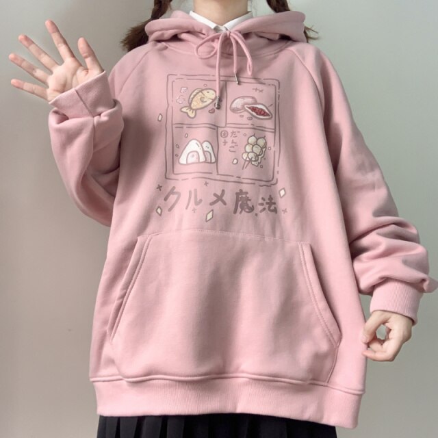 Hoodie With Food Print And Japanese Lettering