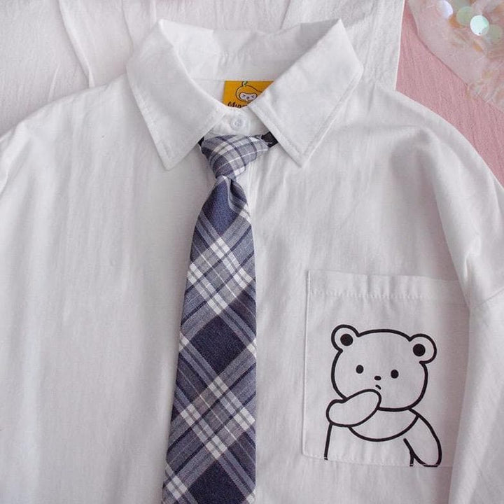 Buttoned Shirt With Bear Print And Plaid Tie - Asian Fashion Lianox