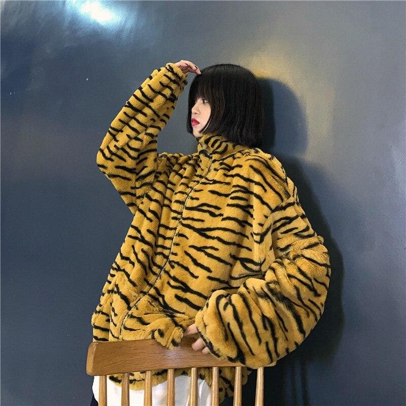 Zebra Plush Jacket with Zipper - Asian Fashion Lianox