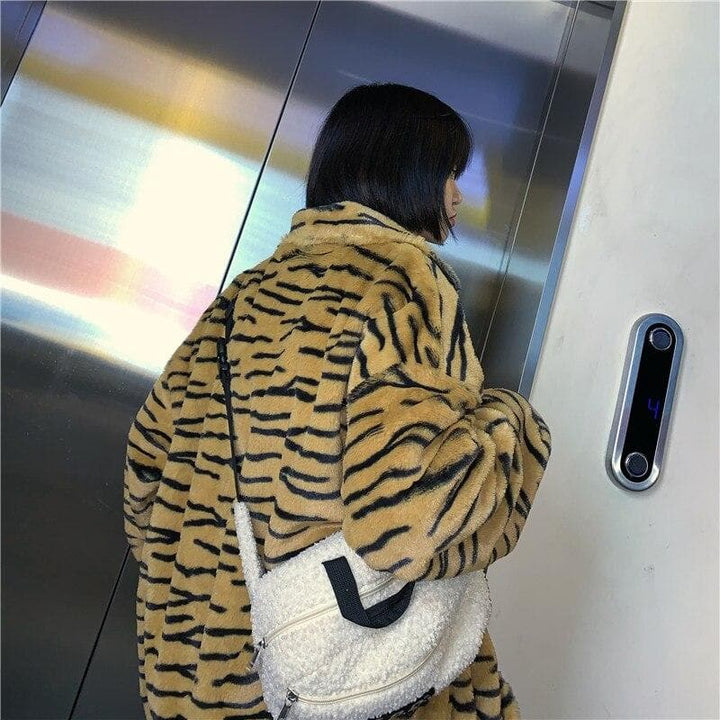 Zebra Plush Jacket with Zipper - Asian Fashion Lianox