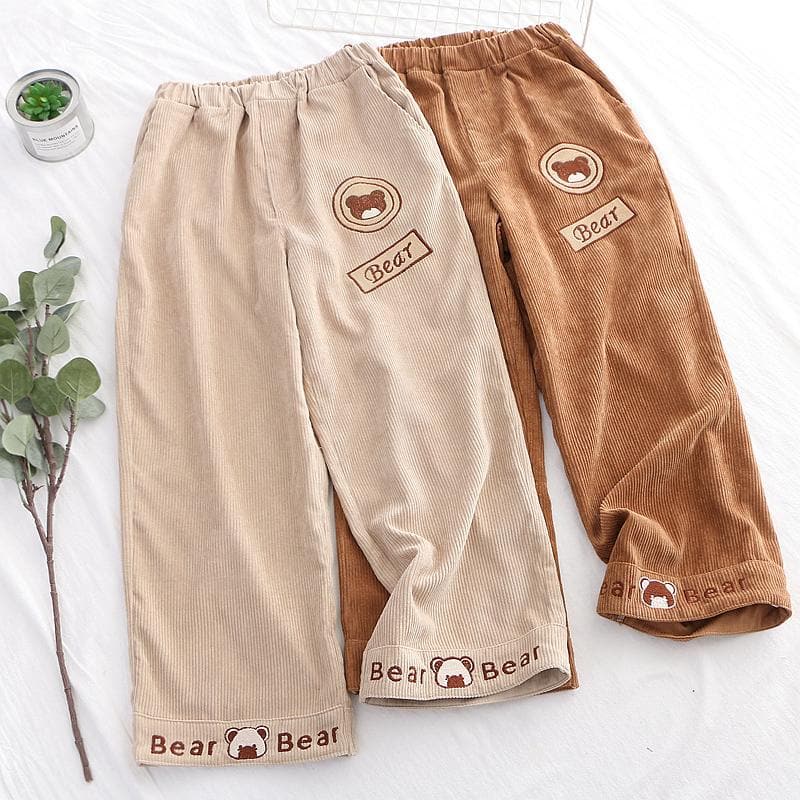 "Bear Bear" Corduroy Pants With Bear Embroideries - Asian Fashion Lianox