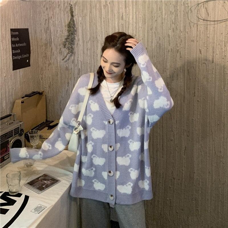 Pastel Cardigan with Sheep Pattern - Asian Fashion Lianox