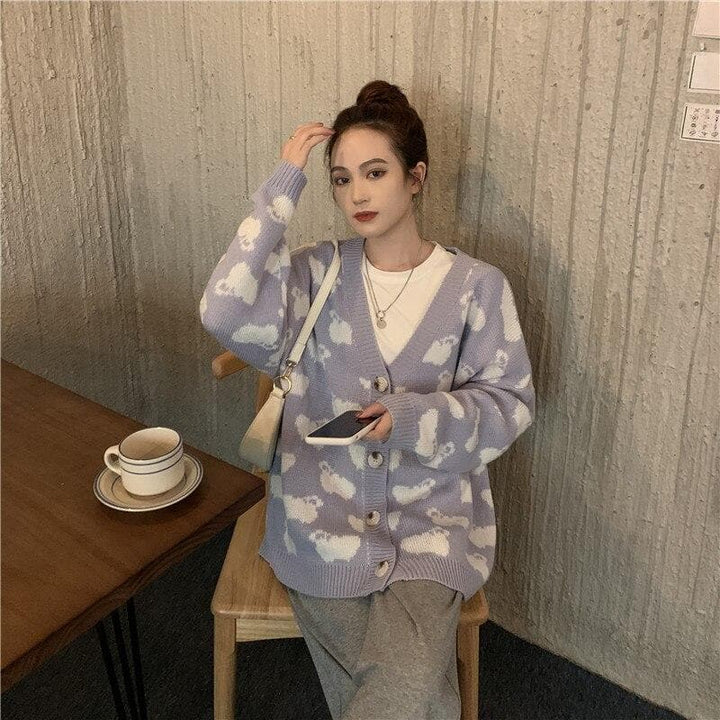 Pastel Cardigan with Sheep Pattern - Asian Fashion Lianox