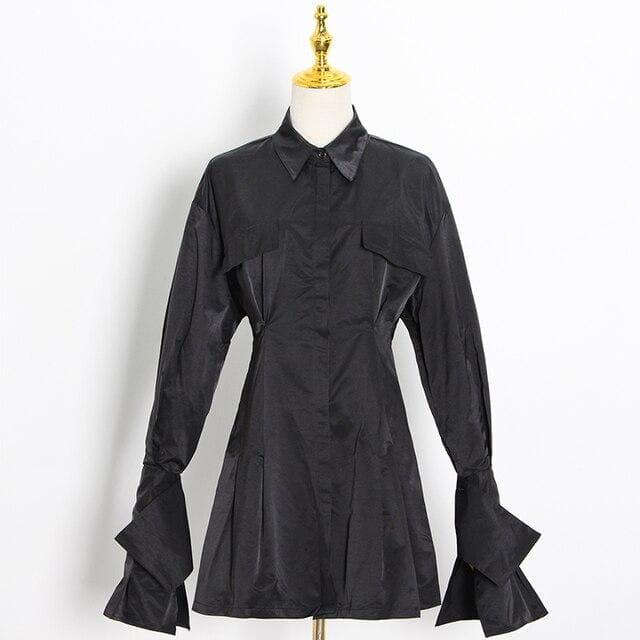 Shirt Dress With Turn-Down Collar And Chest Pocket - Asian Fashion Lianox