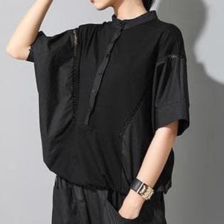 Buttoned Batwing T-Shirt with High Neck - Asian Fashion Lianox