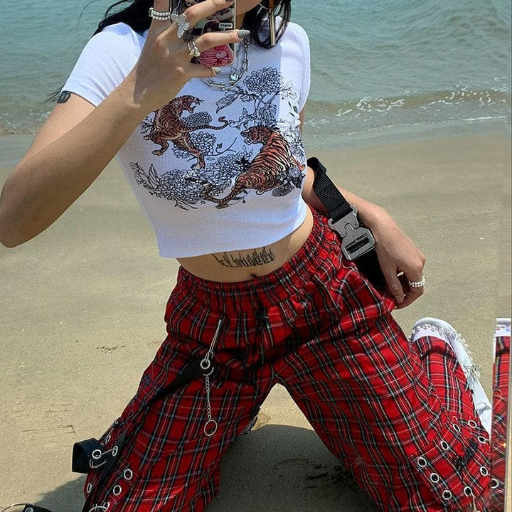 Plaid Cargo Pants With Rivet Accents - Asian Fashion Lianox