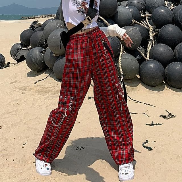 Plaid Cargo Pants With Rivet Accents - Asian Fashion Lianox