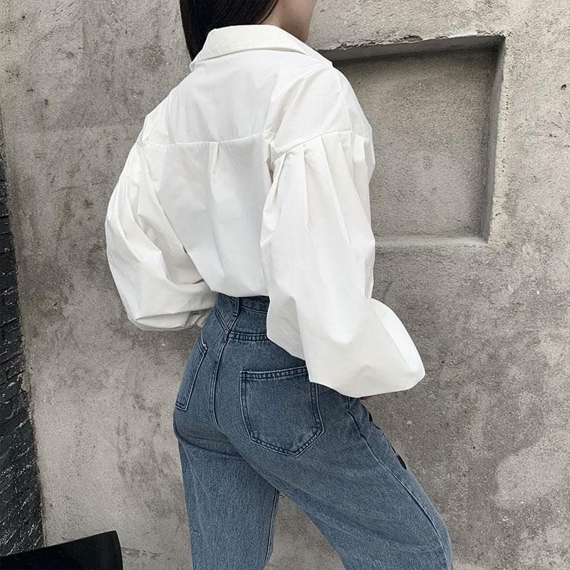 Button-Down Blouse With Puff Sleeves - Asian Fashion Lianox