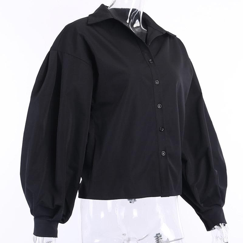 Button-Down Blouse With Puff Sleeves - Asian Fashion Lianox