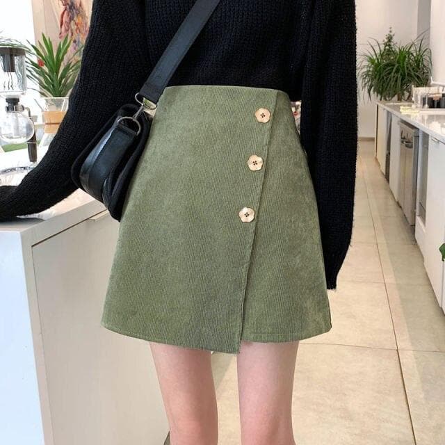 Wrap Skirt with Side Buttons - Asian Fashion Lianox