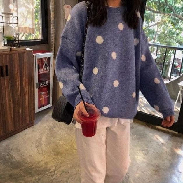 Knit Sweater With Polka Dots - Asian Fashion Lianox