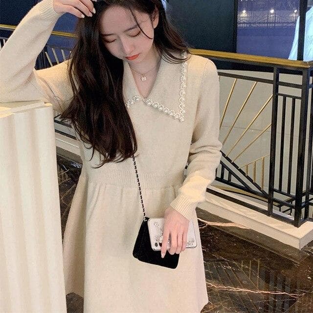 Collared Knit Dress with Pearl Detail - Asian Fashion Lianox