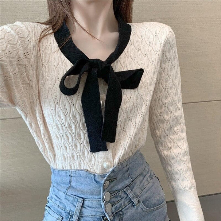 Knit Ribbon Cardigan - Asian Fashion Lianox