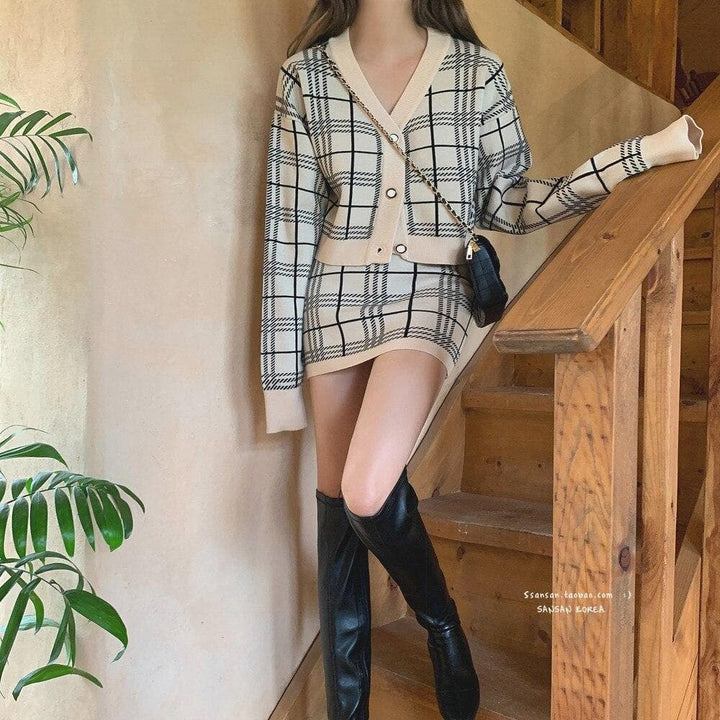 Two-Piece-Set Plaid Cardigan + High-Waist Skirt - Asian Fashion Lianox