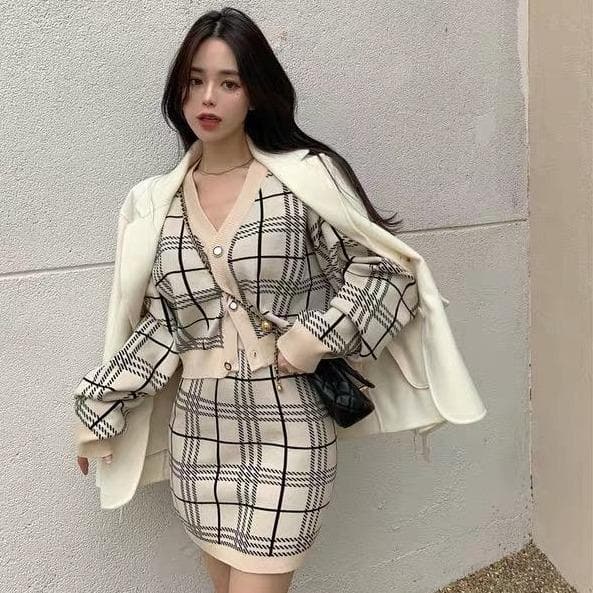 Two-Piece-Set Plaid Cardigan + High-Waist Skirt - Asian Fashion Lianox