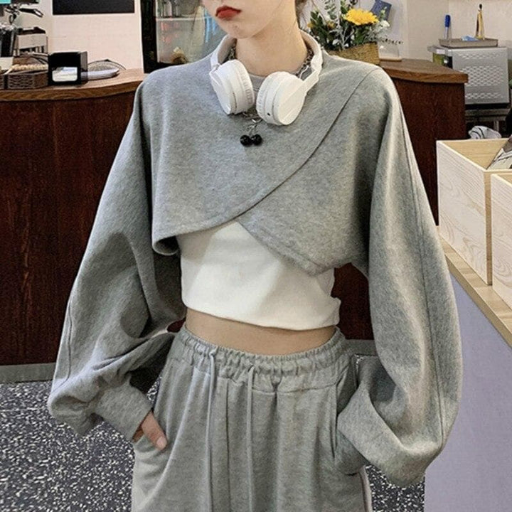 2-in-1 Crop Sweatshirt + Top - Asian Fashion Lianox