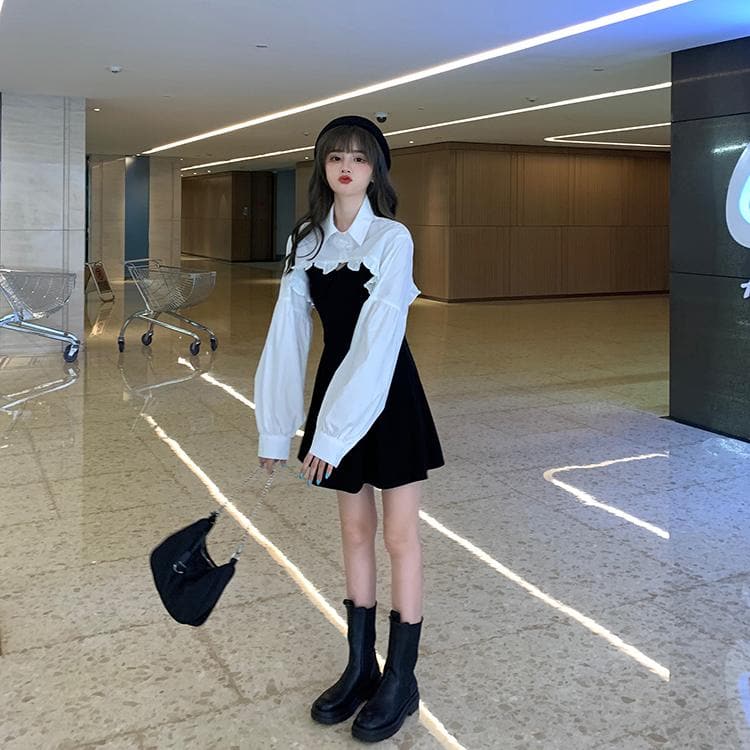 2-in-1 Mini Dress + Collared Shirt with Lantern Sleeves - Asian Fashion Lianox