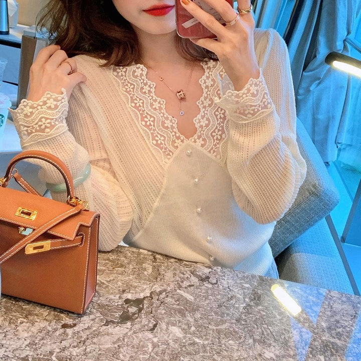 Knit Buttoned Longsleeve Blouse With Laced Collar - Asian Fashion Lianox