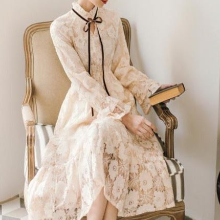 High-Neck Lace Dress With Lantern Sleeves And Ribbon