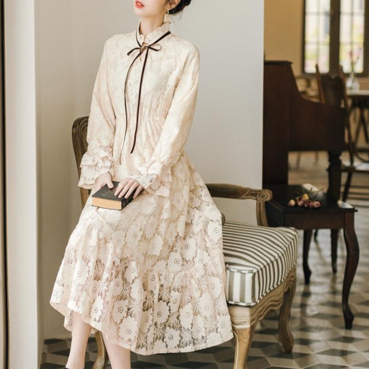 High-Neck Lace Dress With Lantern Sleeves And Ribbon