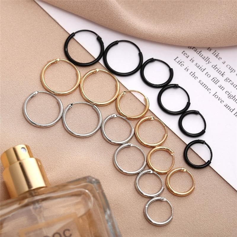 Small Hoop Earrings (Gold + Silver + Black, Different Diameters, Sets Or Pairs!) - Asian Fashion Lianox