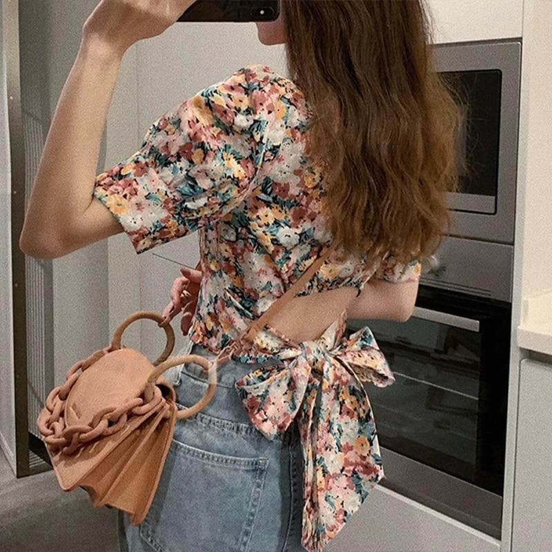 Floral Blouse With Back Cut-Out And Bow - Asian Fashion Lianox