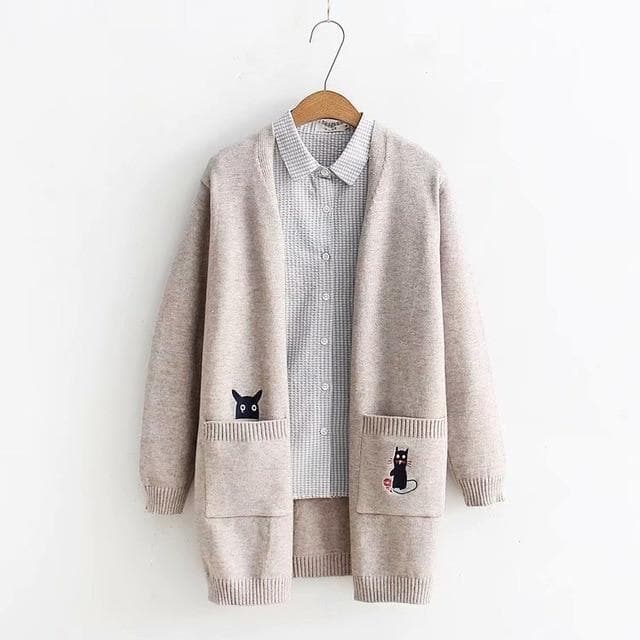 Knit Cardigan With Cat Embroideries - Asian Fashion Lianox