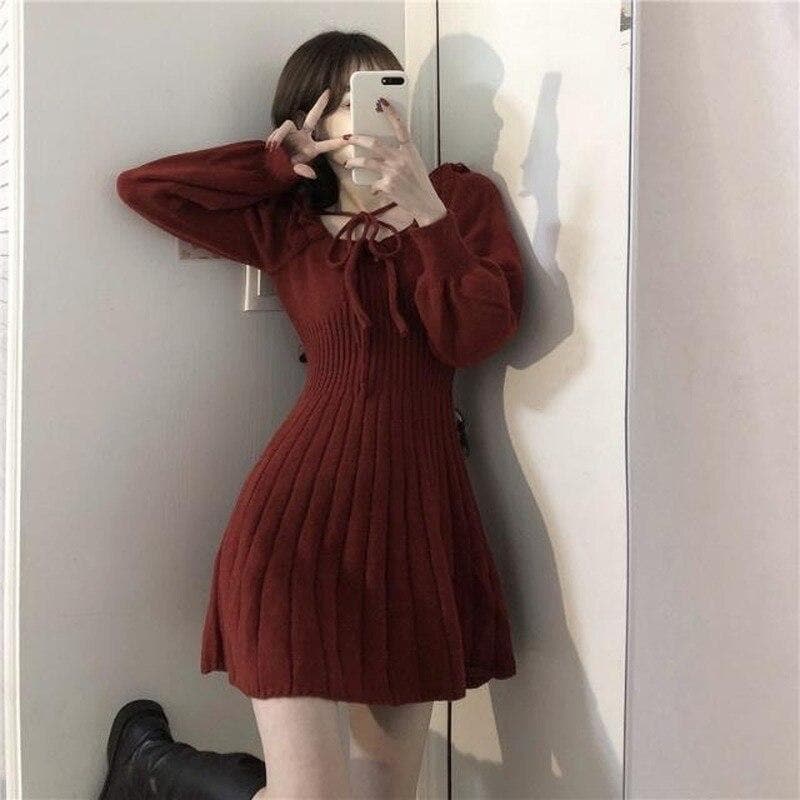 Knit Longsleeved Dress With Puff Sleeves - Asian Fashion Lianox