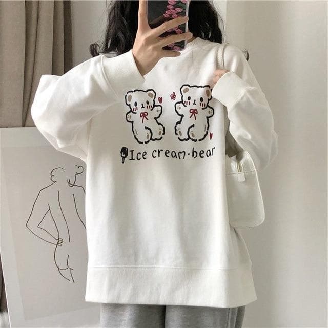 "Ice Cream Bear" Sweatshirt With Teddy Print - Asian Fashion Lianox