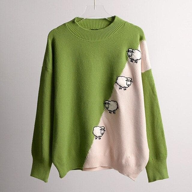 Two-Colored Sweatshirt With Sheep Embroidery - Asian Fashion Lianox