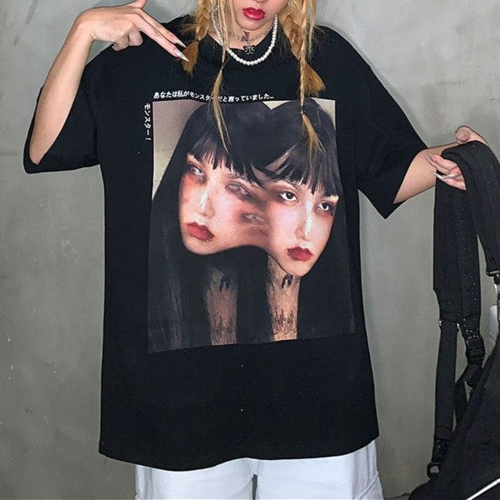 T-Shirt With Faces Print - Asian Fashion Lianox
