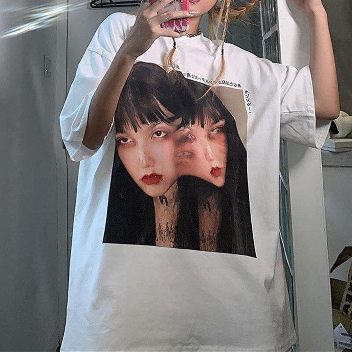 T-Shirt With Faces Print - Asian Fashion Lianox