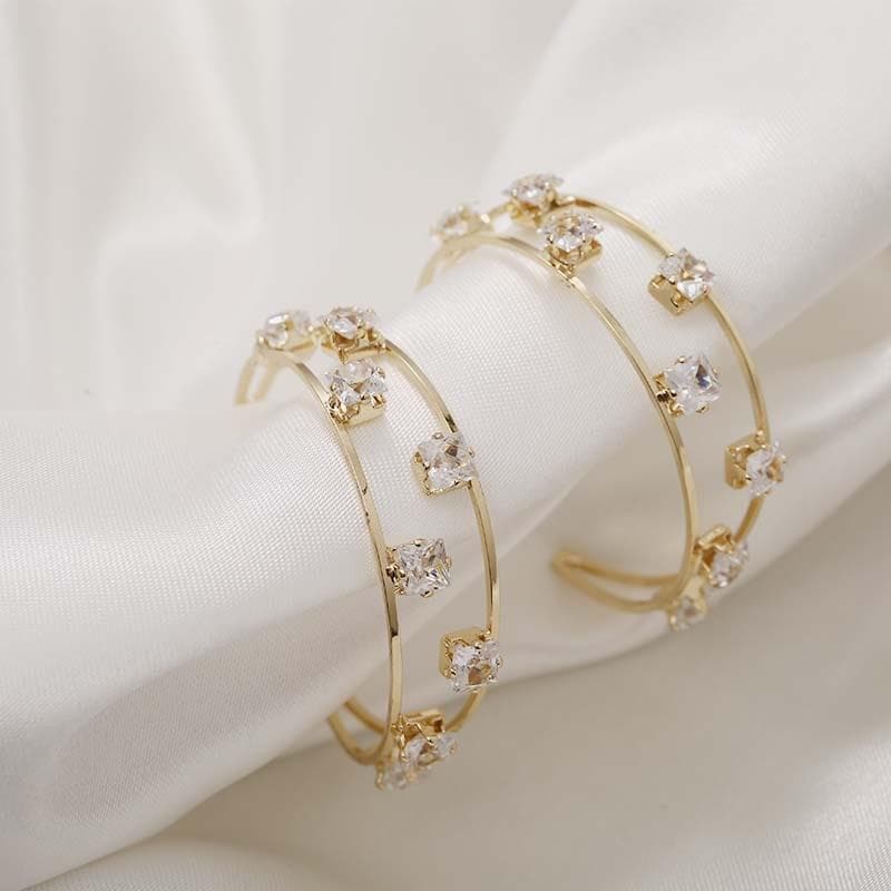 Golden Hoop Earrings With Rhinestones - Asian Fashion Lianox