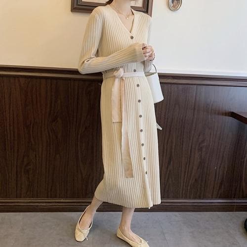 Knit Midi Dress With Buttons - Asian Fashion Lianox