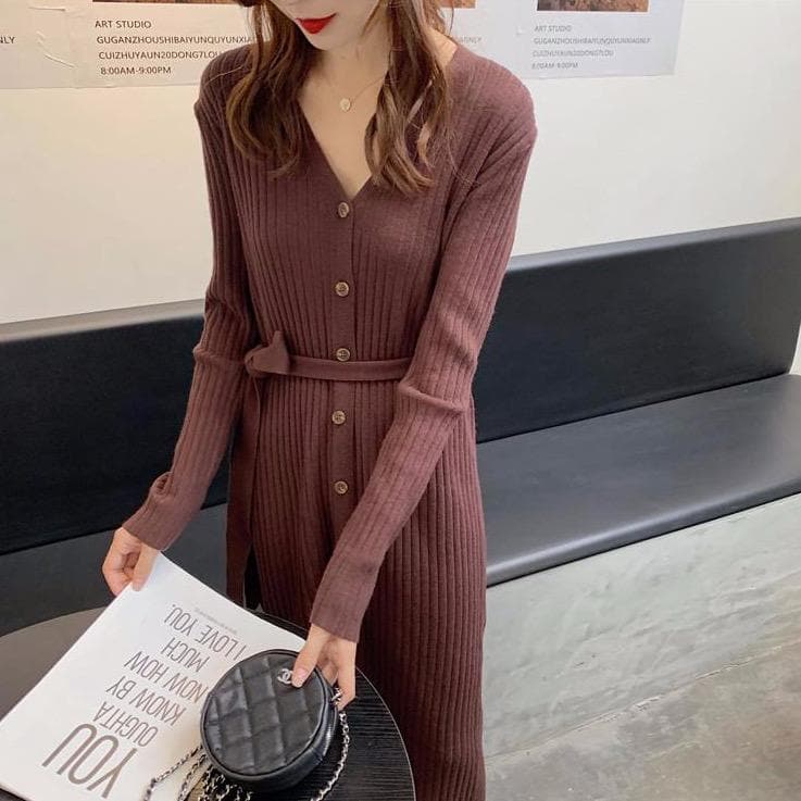 Knit Midi Dress With Buttons - Asian Fashion Lianox